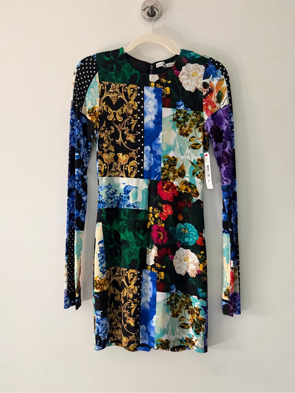 NEW NWT Alice + Olivia Delora Multicolor Floral Patchwork Long-Sleeve Dress, 2